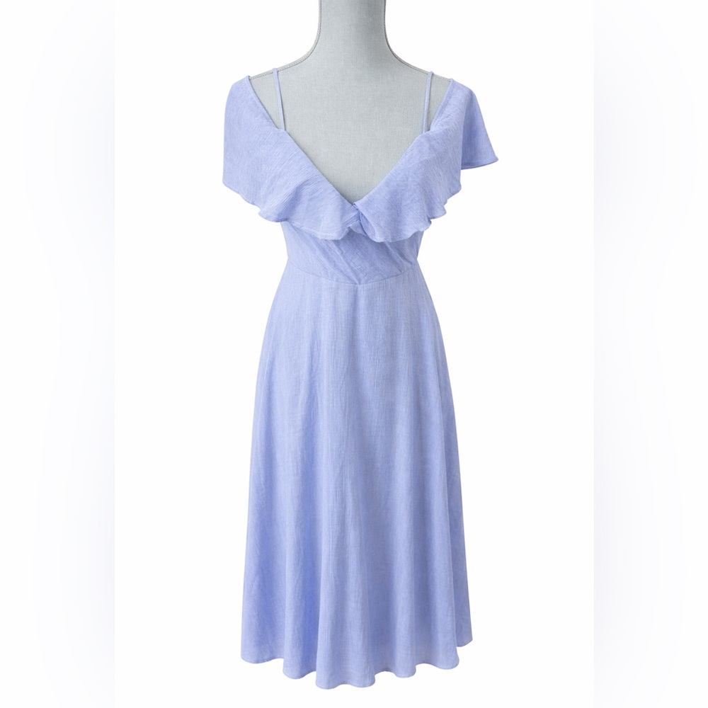 Lulus Light Blue Stripe Off Shoulder Ruffle Midi Dress M NWT